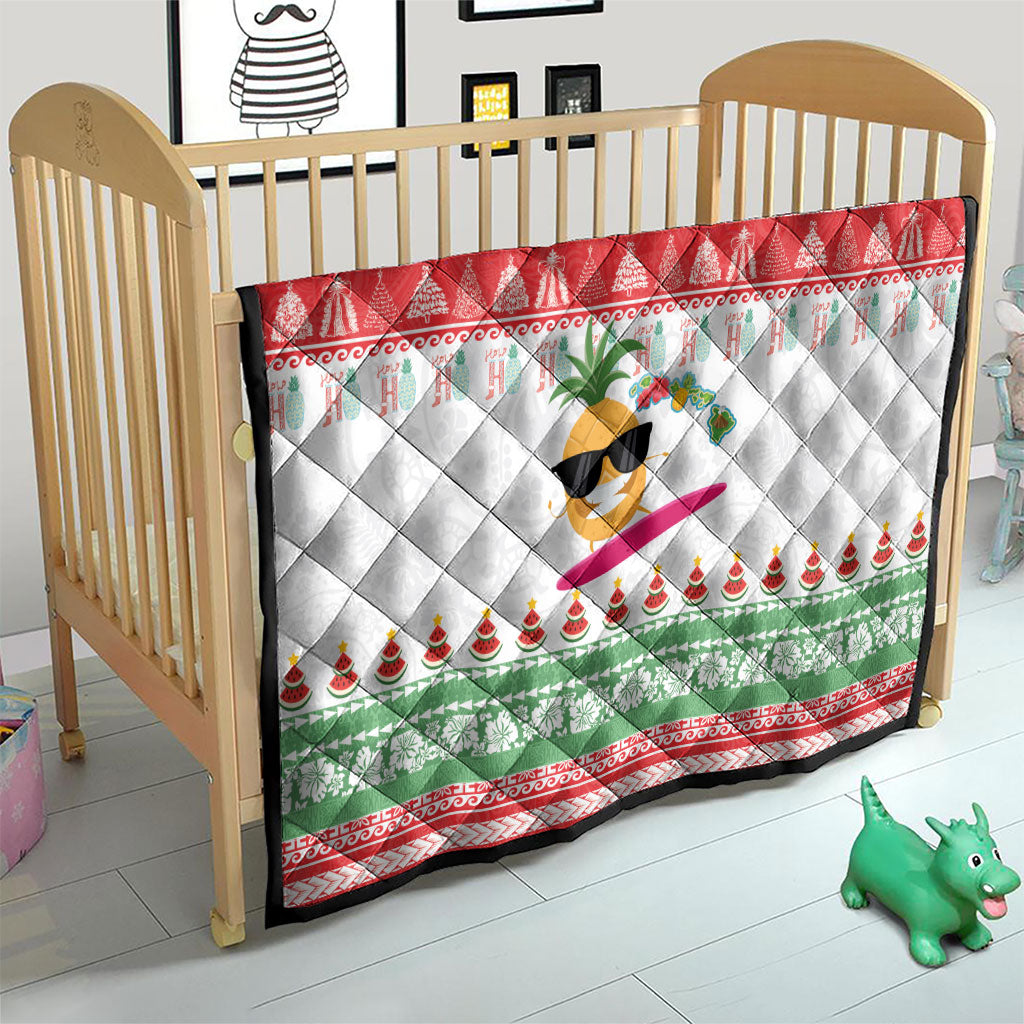 Hawaiian Mele Kalikimaka Quilt Funny Pineapple Surfing with Map Christmas Stripe Elements