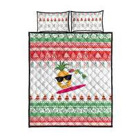 Hawaiian Mele Kalikimaka Quilt Bed Set Funny Pineapple Surfing with Map Christmas Stripe Elements