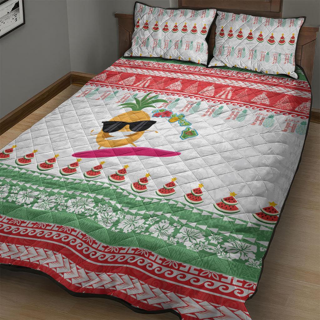 Hawaiian Mele Kalikimaka Quilt Bed Set Funny Pineapple Surfing with Map Christmas Stripe Elements