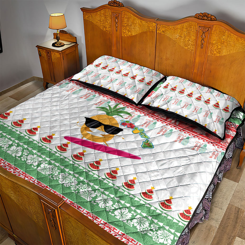 Hawaiian Mele Kalikimaka Quilt Bed Set Funny Pineapple Surfing with Map Christmas Stripe Elements