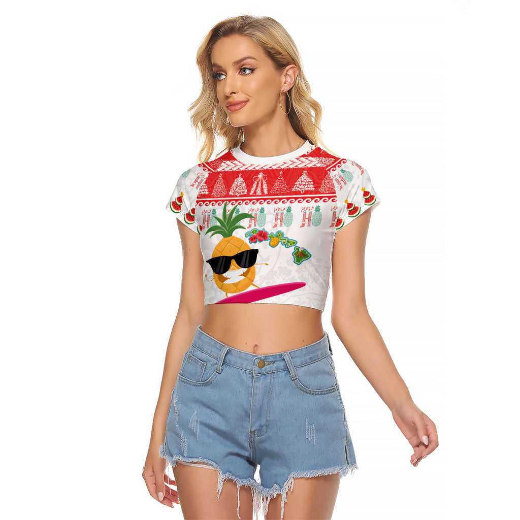 Hawaiian Mele Kalikimaka Raglan Cropped T Shirt Funny Pineapple Surfing with Map Christmas Stripe Elements