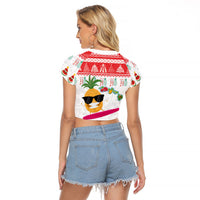 Hawaiian Mele Kalikimaka Raglan Cropped T Shirt Funny Pineapple Surfing with Map Christmas Stripe Elements