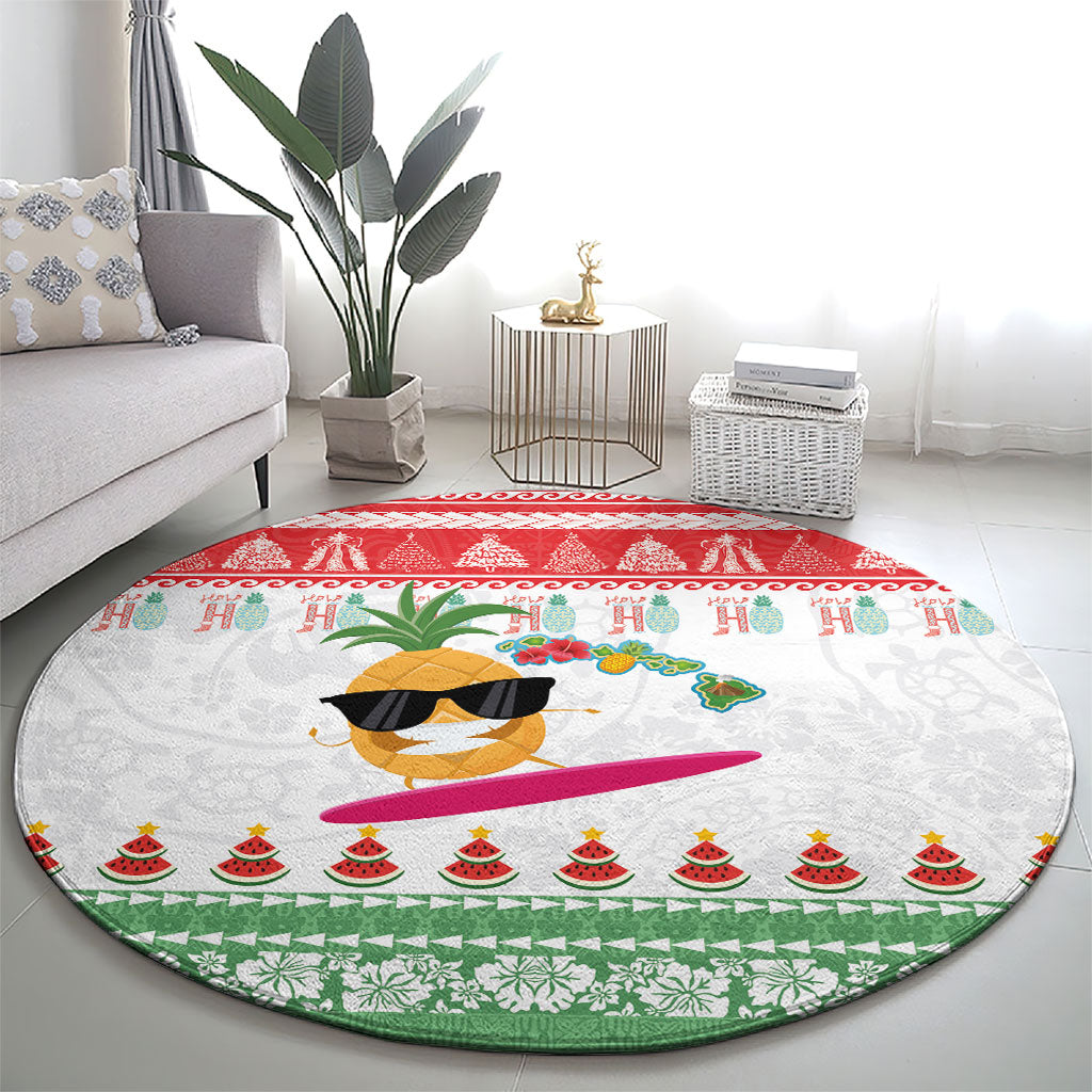 Hawaiian Mele Kalikimaka Round Carpet Funny Pineapple Surfing with Map Christmas Stripe Elements