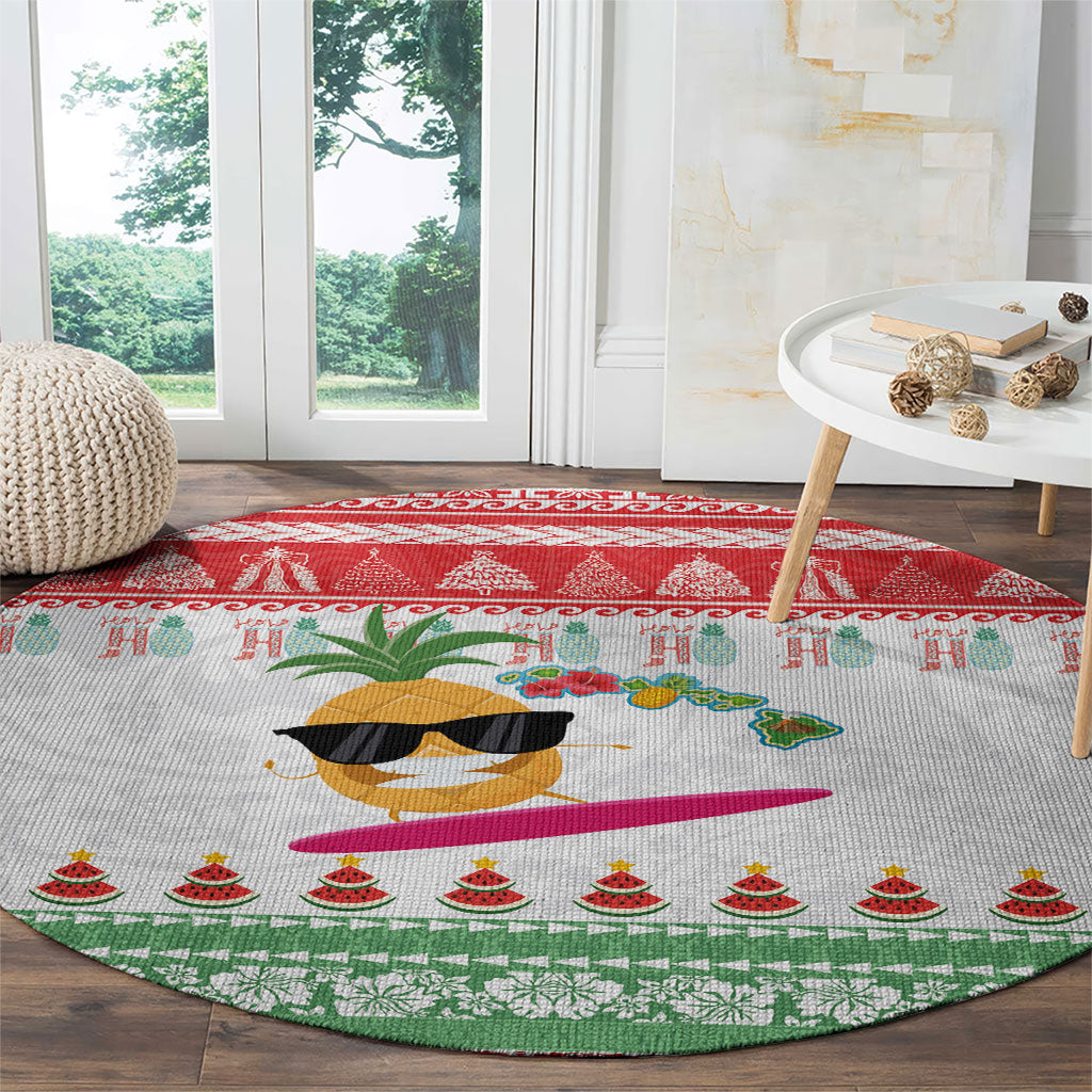 Hawaiian Mele Kalikimaka Round Carpet Funny Pineapple Surfing with Map Christmas Stripe Elements