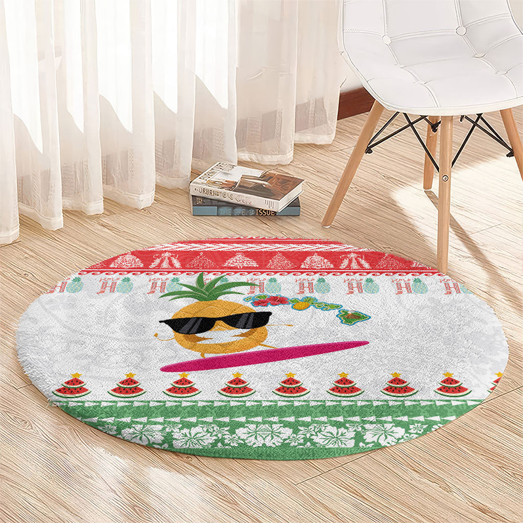 Hawaiian Mele Kalikimaka Round Carpet Funny Pineapple Surfing with Map Christmas Stripe Elements