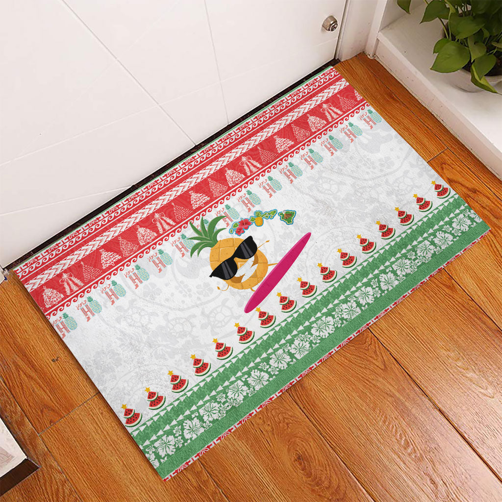 Hawaiian Mele Kalikimaka Rubber Doormat Funny Pineapple Surfing with Map Christmas Stripe Elements