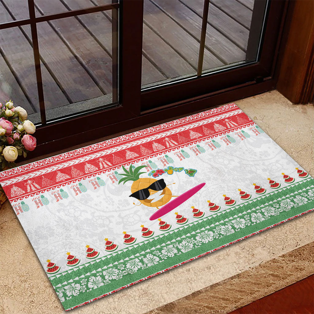 Hawaiian Mele Kalikimaka Rubber Doormat Funny Pineapple Surfing with Map Christmas Stripe Elements