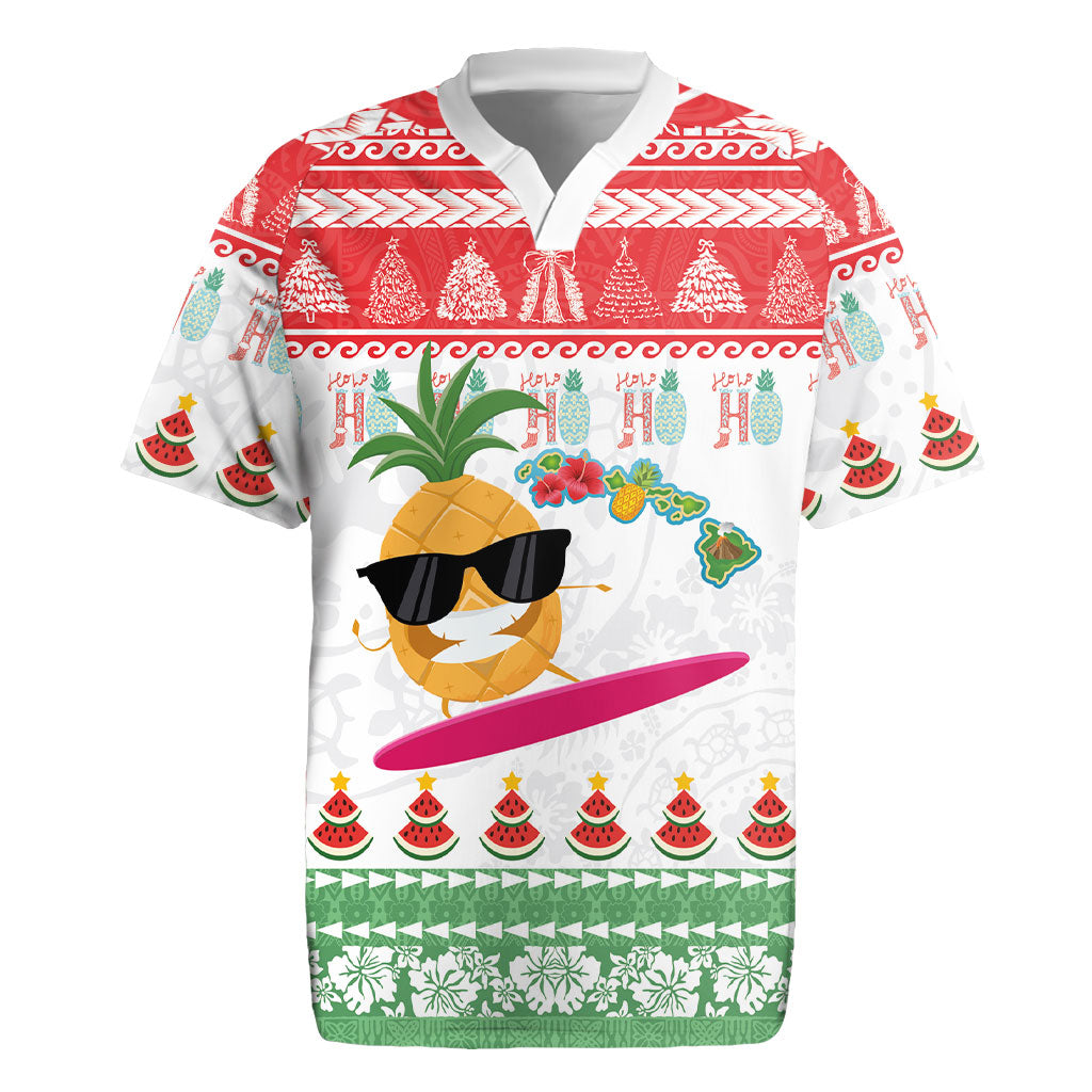 Hawaiian Mele Kalikimaka Rugby Jersey Funny Pineapple Surfing with Map Christmas Stripe Elements