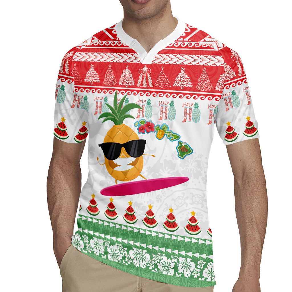 Hawaiian Mele Kalikimaka Rugby Jersey Funny Pineapple Surfing with Map Christmas Stripe Elements