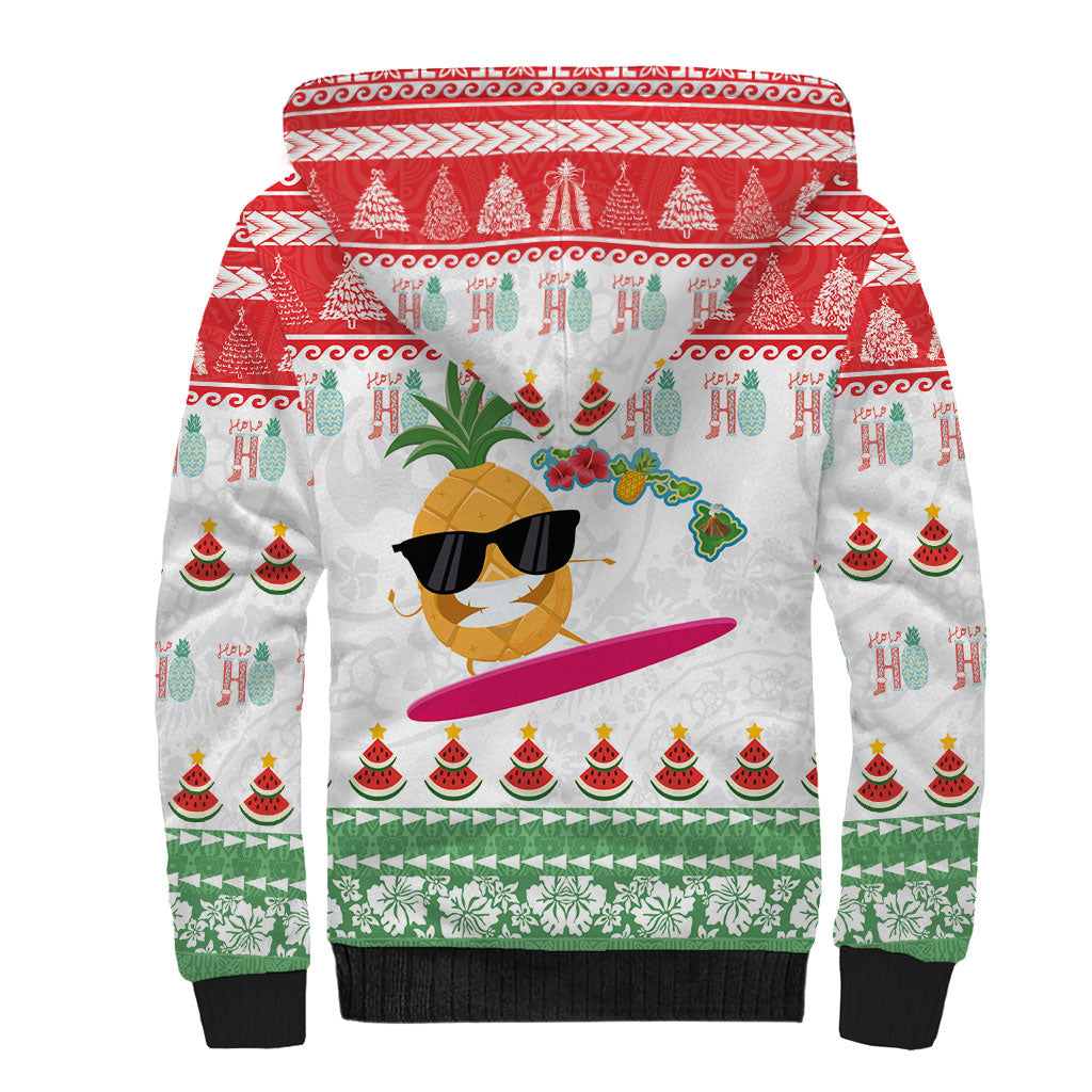 Hawaiian Mele Kalikimaka Sherpa Hoodie Funny Pineapple Surfing with Map Christmas Stripe Elements