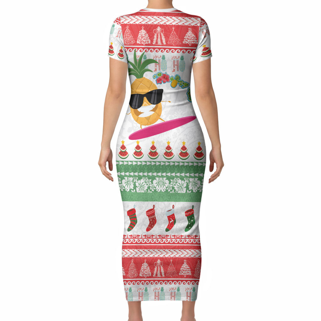 Hawaiian Mele Kalikimaka Short Sleeve Bodycon Dress Funny Pineapple Surfing with Map Christmas Stripe Elements