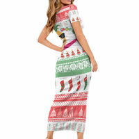 Hawaiian Mele Kalikimaka Short Sleeve Bodycon Dress Funny Pineapple Surfing with Map Christmas Stripe Elements
