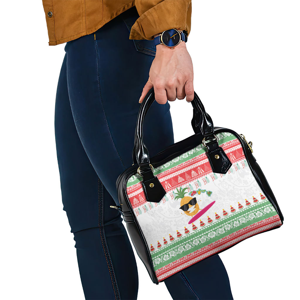 Hawaiian Mele Kalikimaka Shoulder Handbag Funny Pineapple Surfing with Map Christmas Stripe Elements