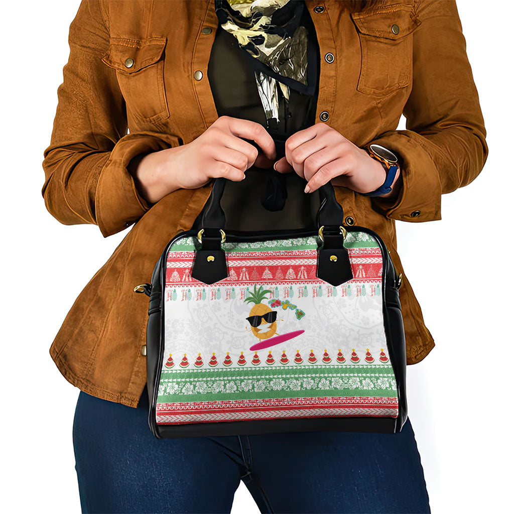Hawaiian Mele Kalikimaka Shoulder Handbag Funny Pineapple Surfing with Map Christmas Stripe Elements
