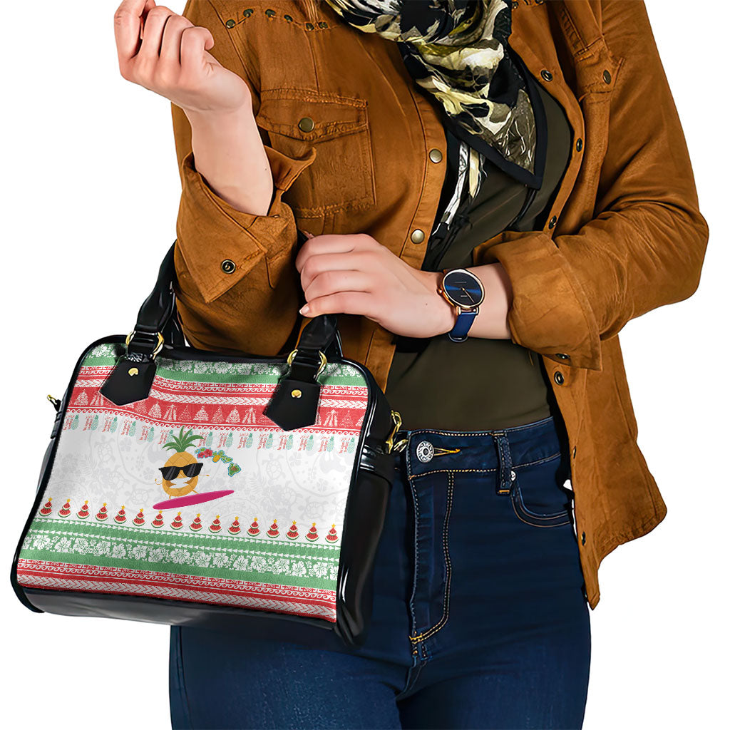 Hawaiian Mele Kalikimaka Shoulder Handbag Funny Pineapple Surfing with Map Christmas Stripe Elements