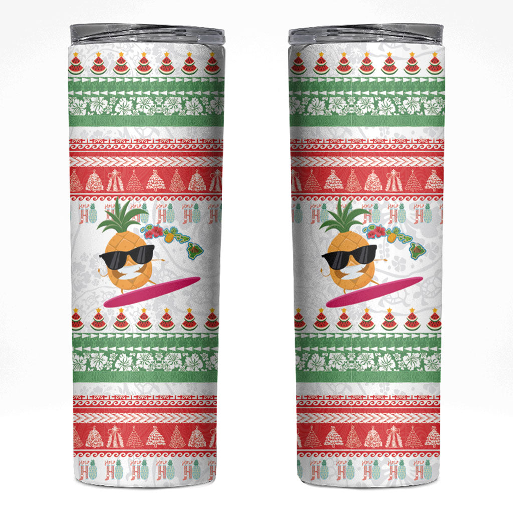 Hawaiian Mele Kalikimaka Skinny Tumbler Funny Pineapple Surfing with Map Christmas Stripe Elements