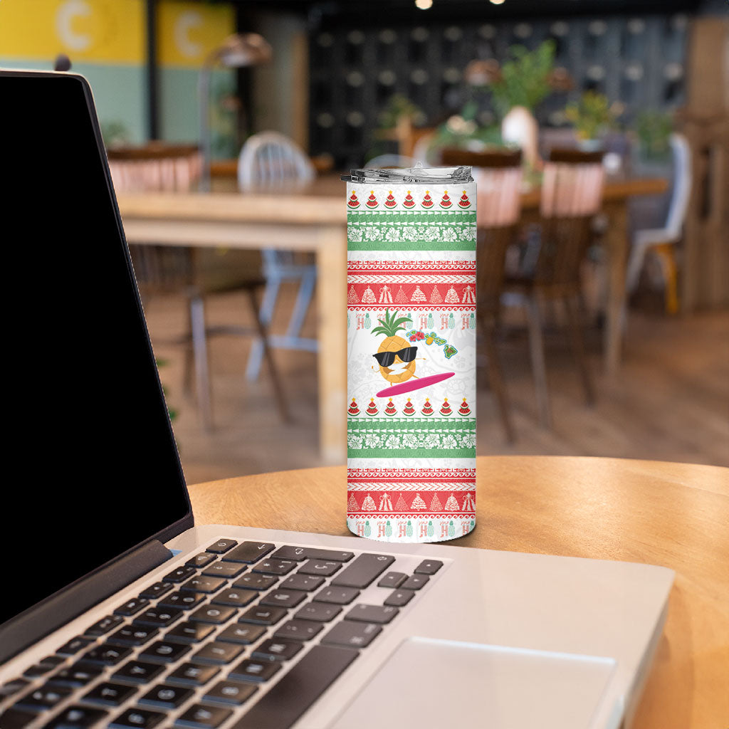 Hawaiian Mele Kalikimaka Skinny Tumbler Funny Pineapple Surfing with Map Christmas Stripe Elements
