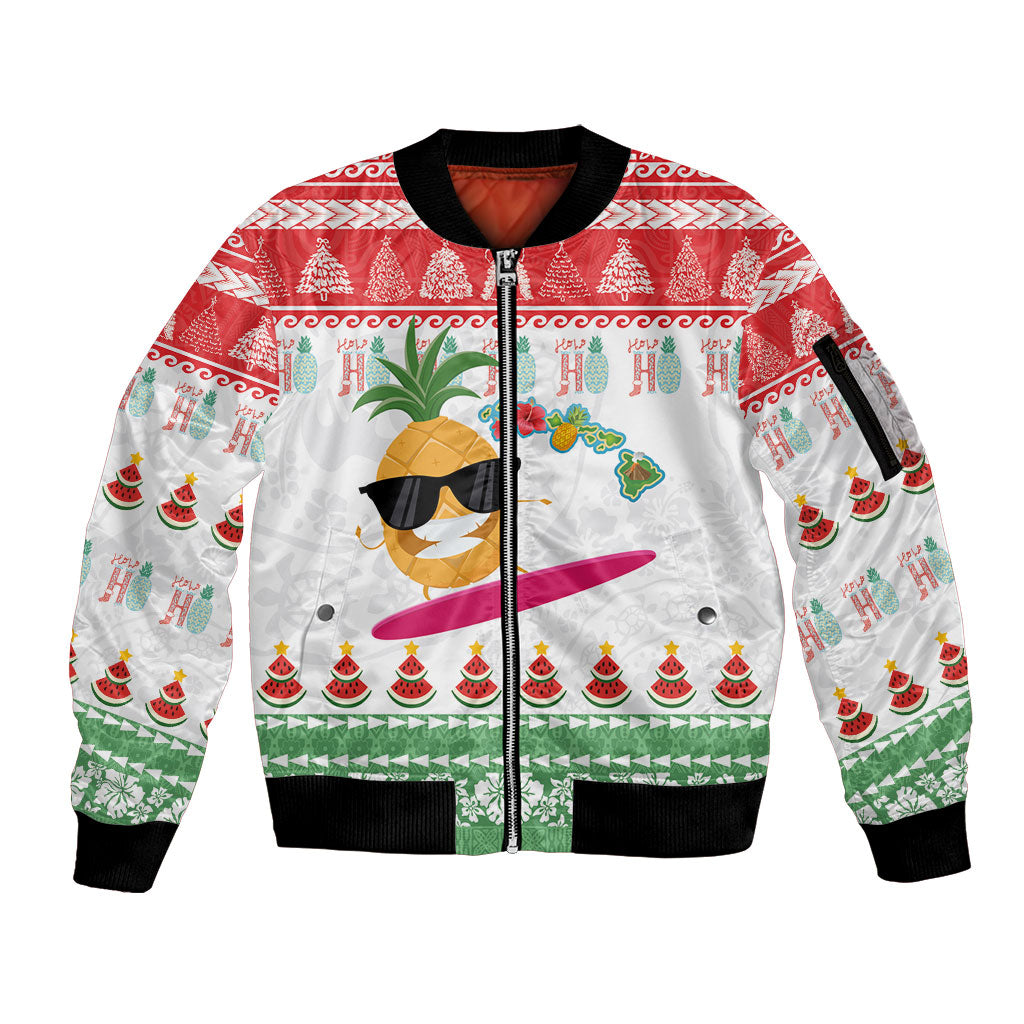Hawaiian Mele Kalikimaka Sleeve Zip Bomber Jacket Funny Pineapple Surfing with Map Christmas Stripe Elements