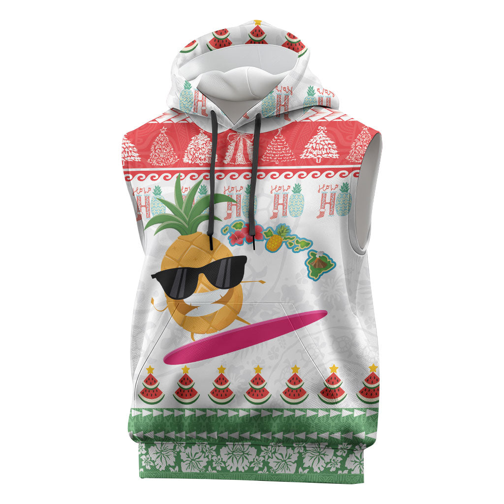 Hawaiian Mele Kalikimaka Sleeveless Hoodie Funny Pineapple Surfing with Map Christmas Stripe Elements