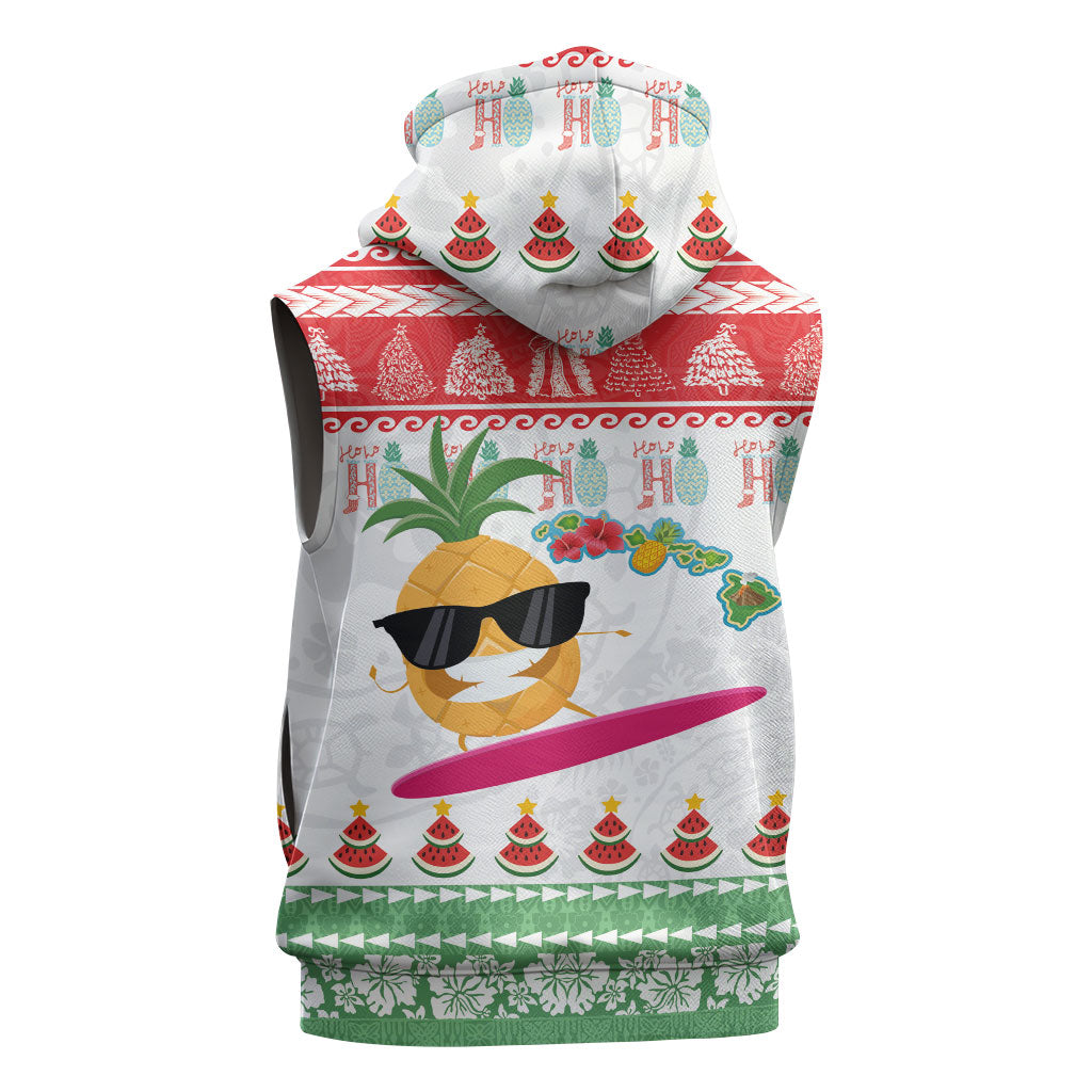 Hawaiian Mele Kalikimaka Sleeveless Hoodie Funny Pineapple Surfing with Map Christmas Stripe Elements