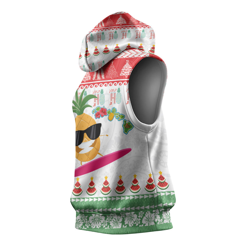 Hawaiian Mele Kalikimaka Sleeveless Hoodie Funny Pineapple Surfing with Map Christmas Stripe Elements