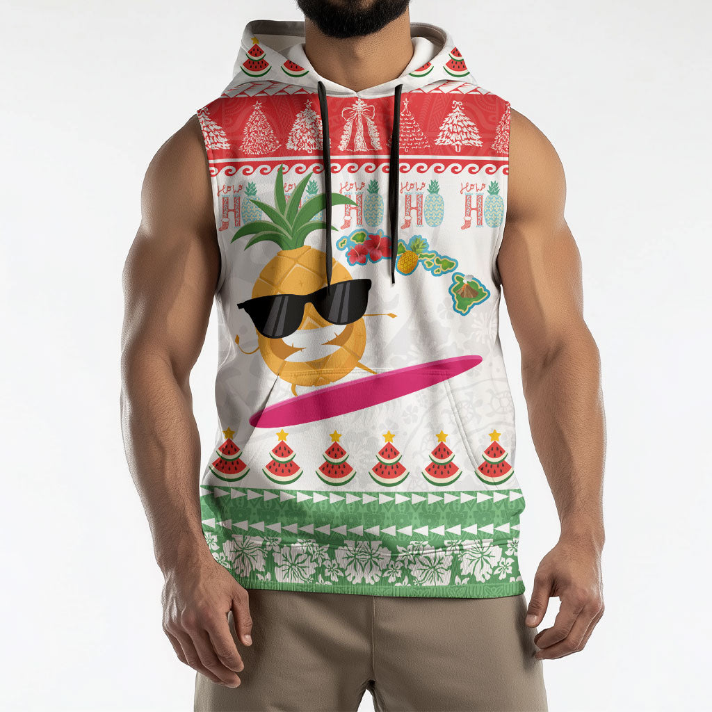 Hawaiian Mele Kalikimaka Sleeveless Hoodie Funny Pineapple Surfing with Map Christmas Stripe Elements