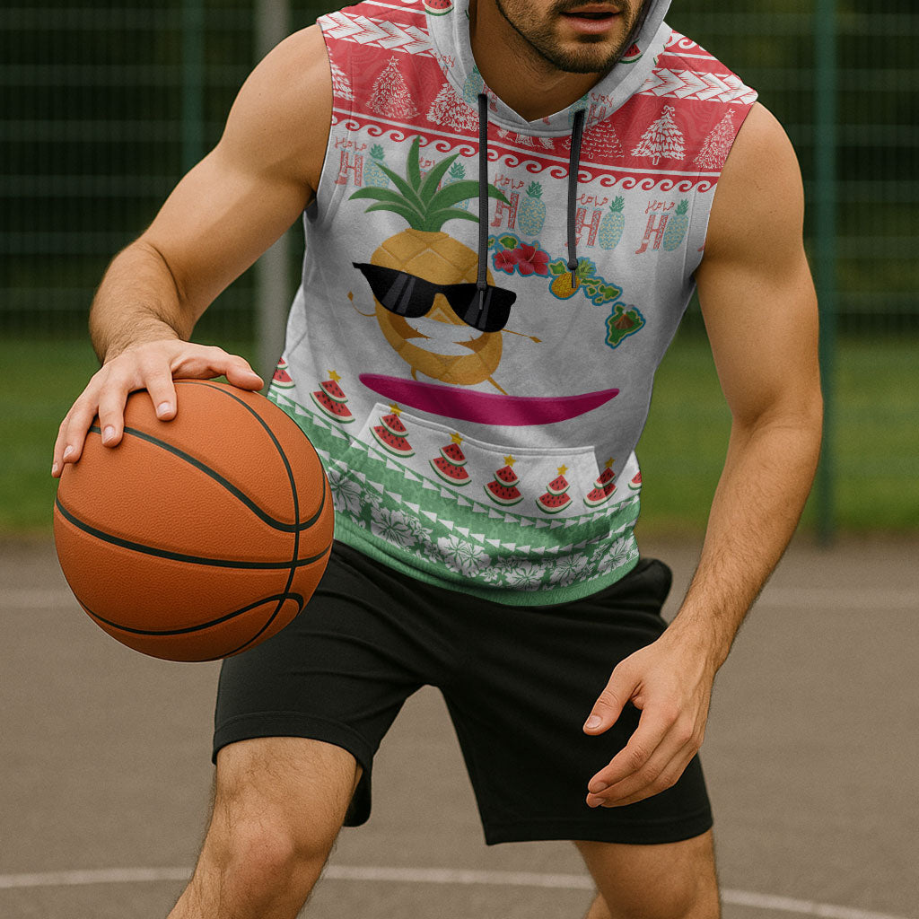 Hawaiian Mele Kalikimaka Sleeveless Hoodie Funny Pineapple Surfing with Map Christmas Stripe Elements