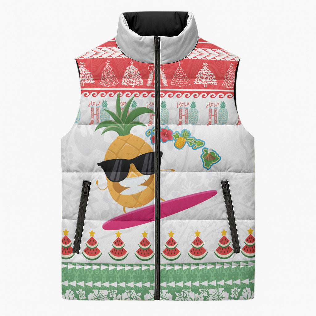 Hawaiian Mele Kalikimaka Sleeveless Puffer Jacket Funny Pineapple Surfing with Map Christmas Stripe Elements