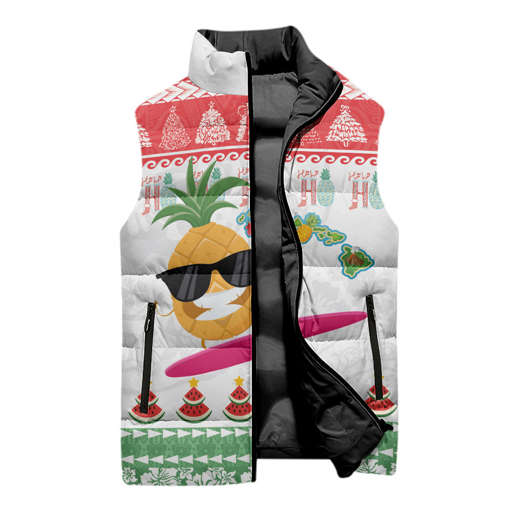 Hawaiian Mele Kalikimaka Sleeveless Puffer Jacket Funny Pineapple Surfing with Map Christmas Stripe Elements