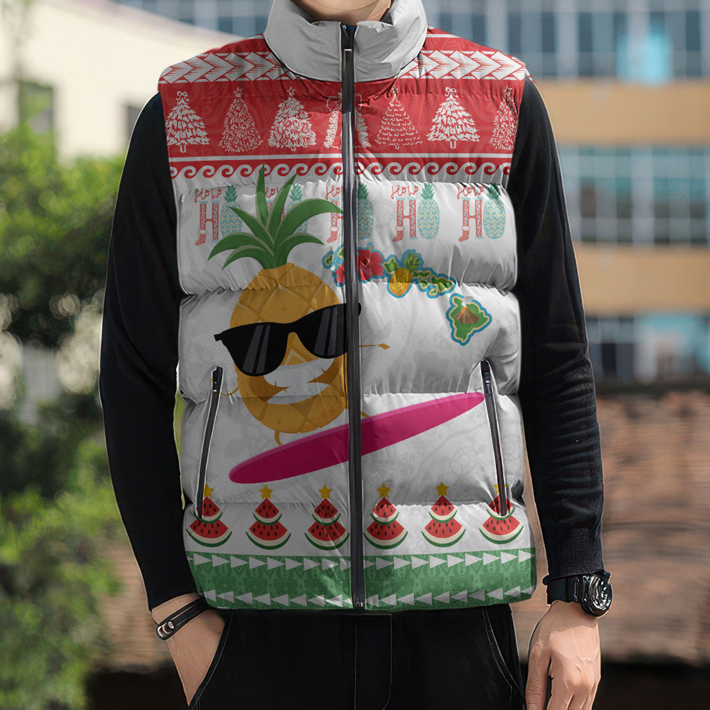 Hawaiian Mele Kalikimaka Sleeveless Puffer Jacket Funny Pineapple Surfing with Map Christmas Stripe Elements
