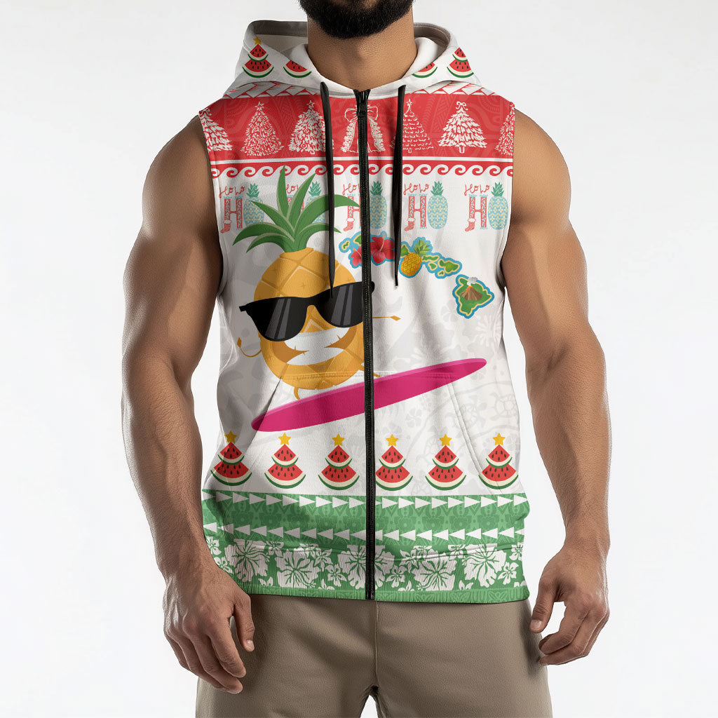 Hawaiian Mele Kalikimaka Sleeveless Zip Hoodie Funny Pineapple Surfing with Map Christmas Stripe Elements