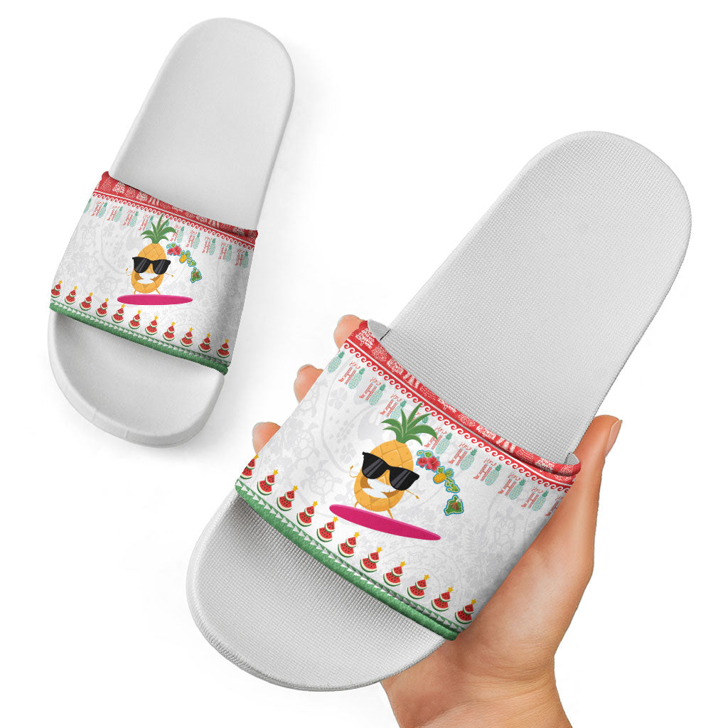 Hawaiian Mele Kalikimaka Slide Sandals Funny Pineapple Surfing with Map Christmas Stripe Elements