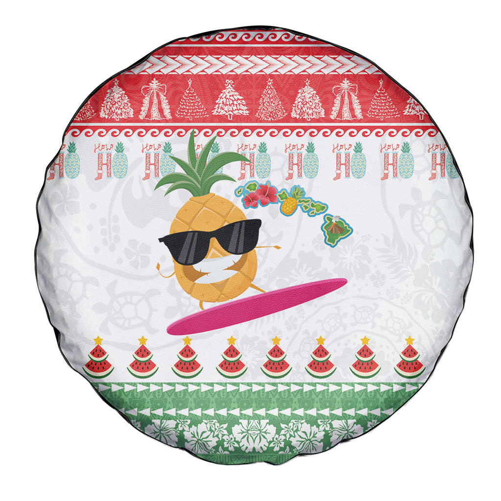 Hawaiian Mele Kalikimaka Spare Tire Cover Funny Pineapple Surfing with Map Christmas Stripe Elements