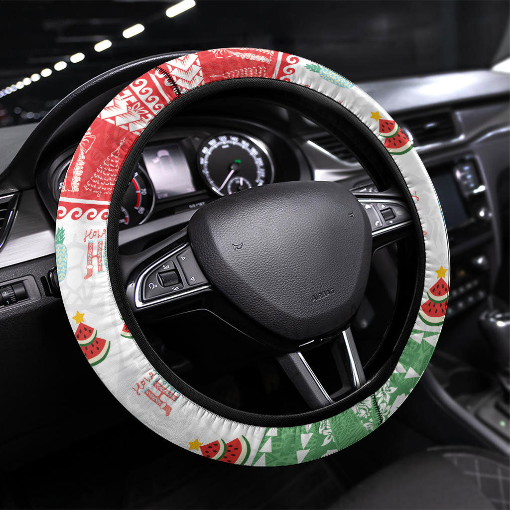 Hawaiian Mele Kalikimaka Steering Wheel Cover Funny Pineapple Surfing with Map Christmas Stripe Elements