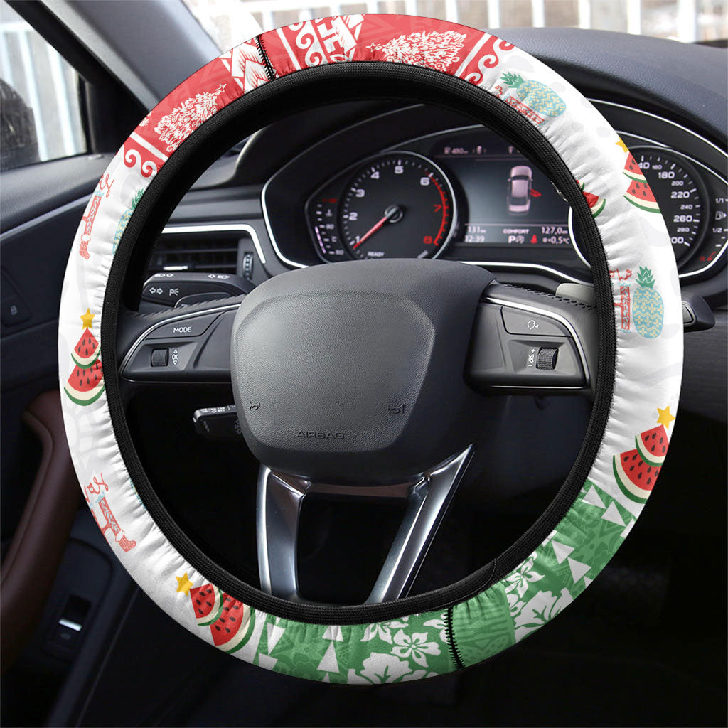 Hawaiian Mele Kalikimaka Steering Wheel Cover Funny Pineapple Surfing with Map Christmas Stripe Elements