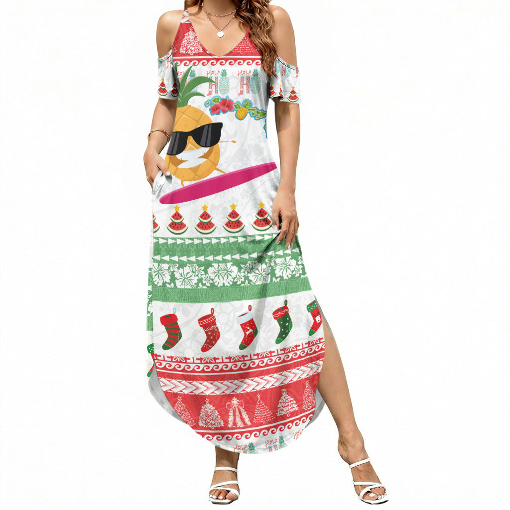 Hawaiian Mele Kalikimaka Summer Maxi Dress Funny Pineapple Surfing with Map Christmas Stripe Elements
