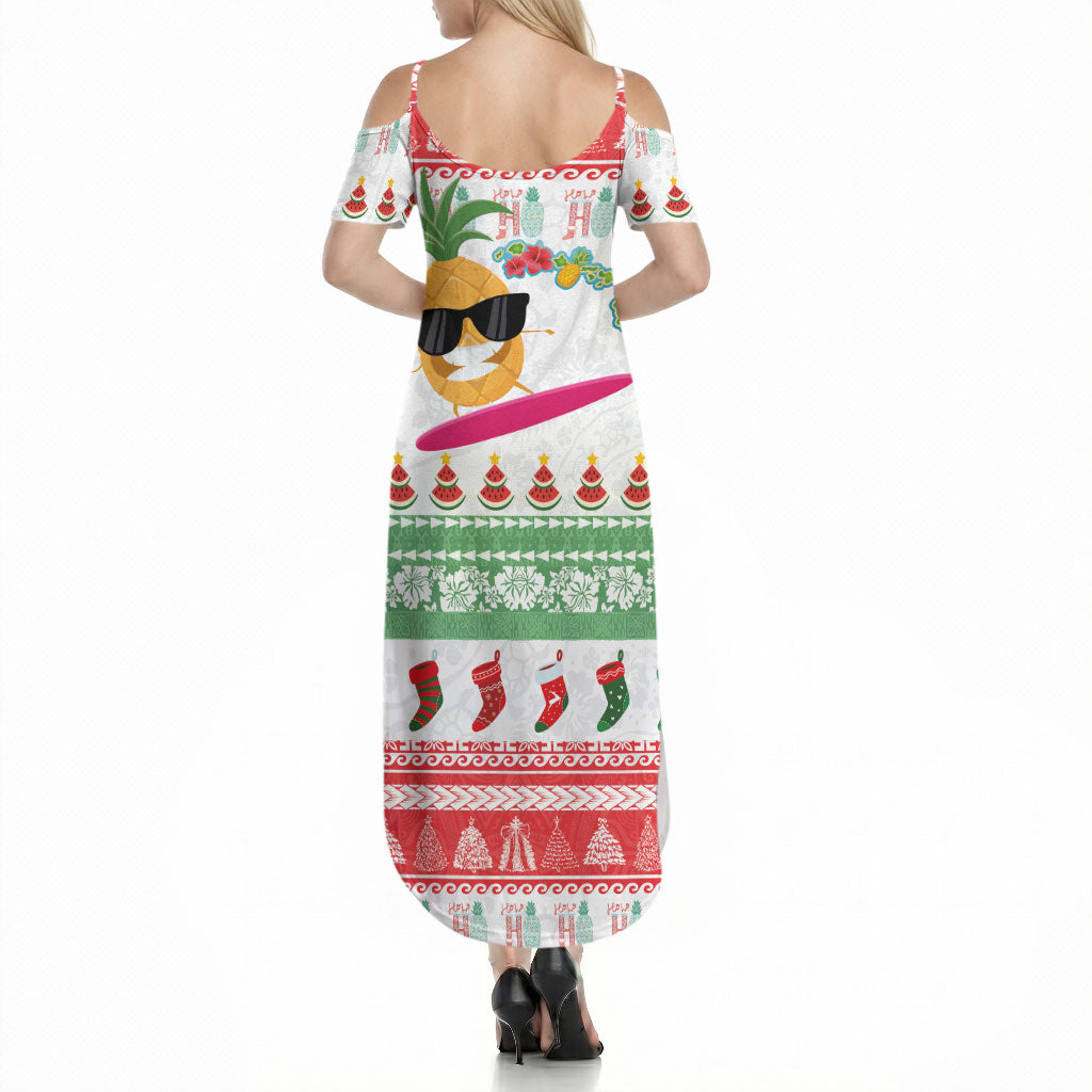 Hawaiian Mele Kalikimaka Summer Maxi Dress Funny Pineapple Surfing with Map Christmas Stripe Elements