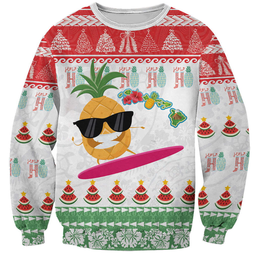 Hawaiian Mele Kalikimaka Sweatshirt Funny Pineapple Surfing with Map Christmas Stripe Elements