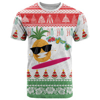 Hawaiian Mele Kalikimaka T Shirt Funny Pineapple Surfing with Map Christmas Stripe Elements