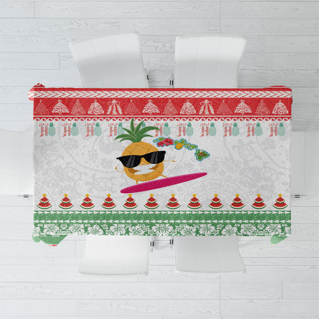 Hawaiian Mele Kalikimaka Tablecloth Funny Pineapple Surfing with Map Christmas Stripe Elements