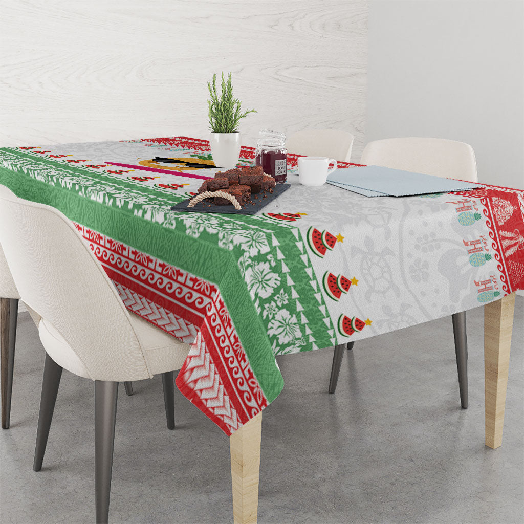 Hawaiian Mele Kalikimaka Tablecloth Funny Pineapple Surfing with Map Christmas Stripe Elements