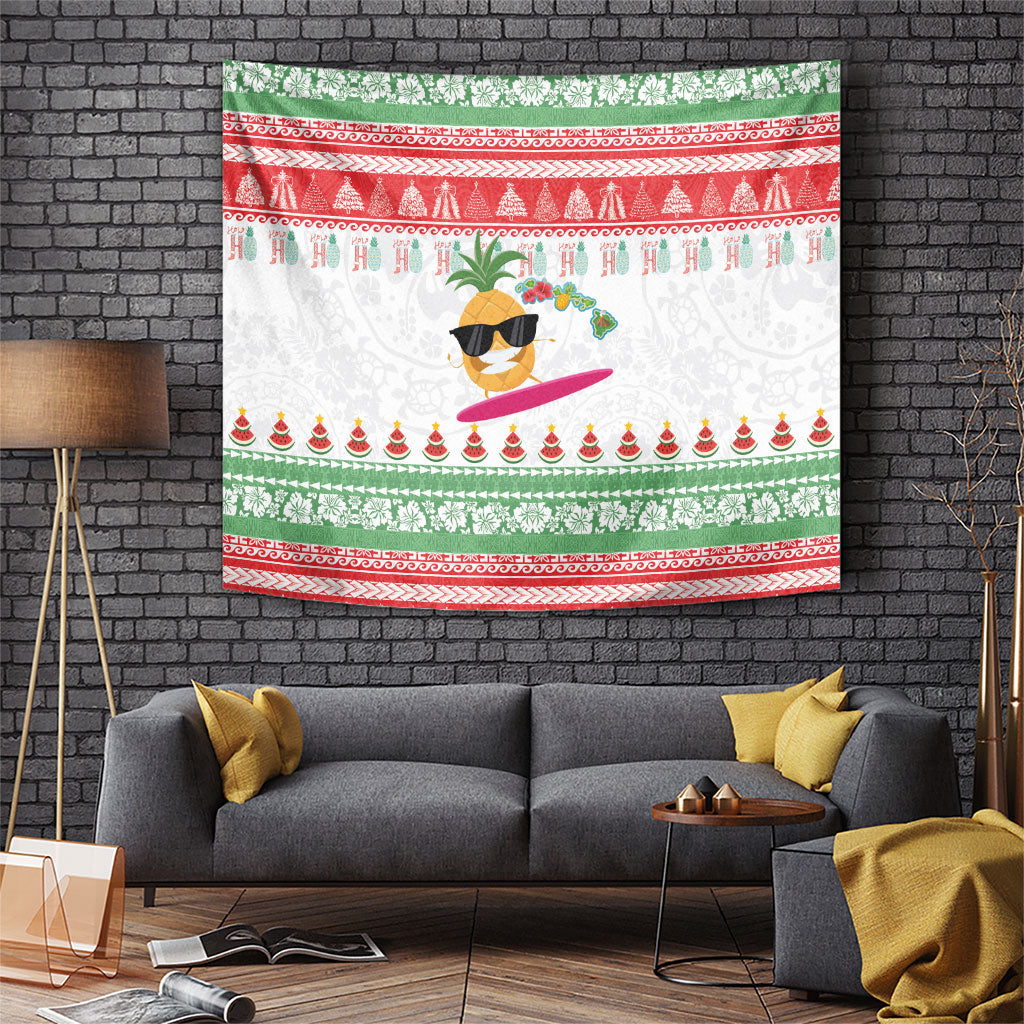 Hawaiian Mele Kalikimaka Tapestry Funny Pineapple Surfing with Map Christmas Stripe Elements