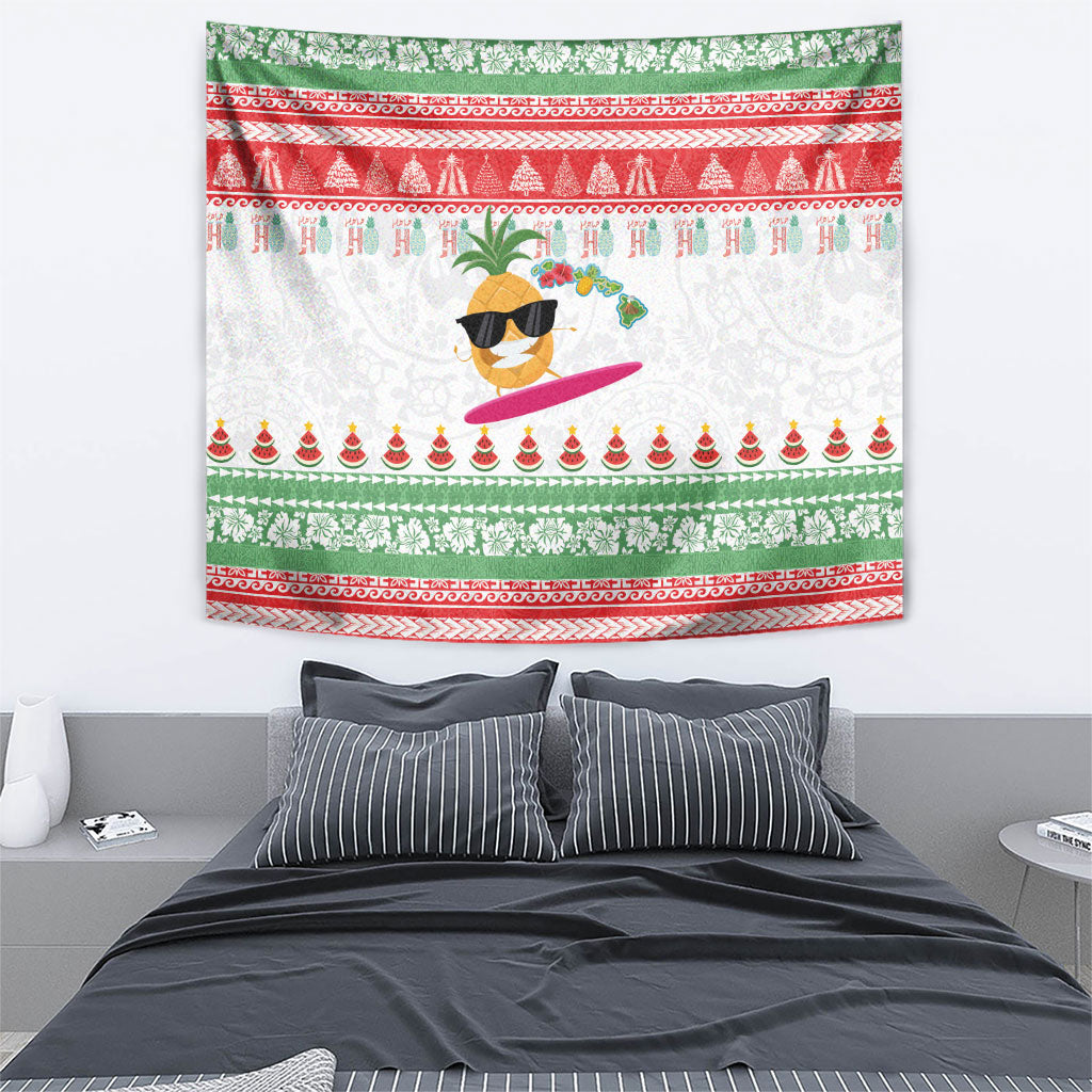 Hawaiian Mele Kalikimaka Tapestry Funny Pineapple Surfing with Map Christmas Stripe Elements