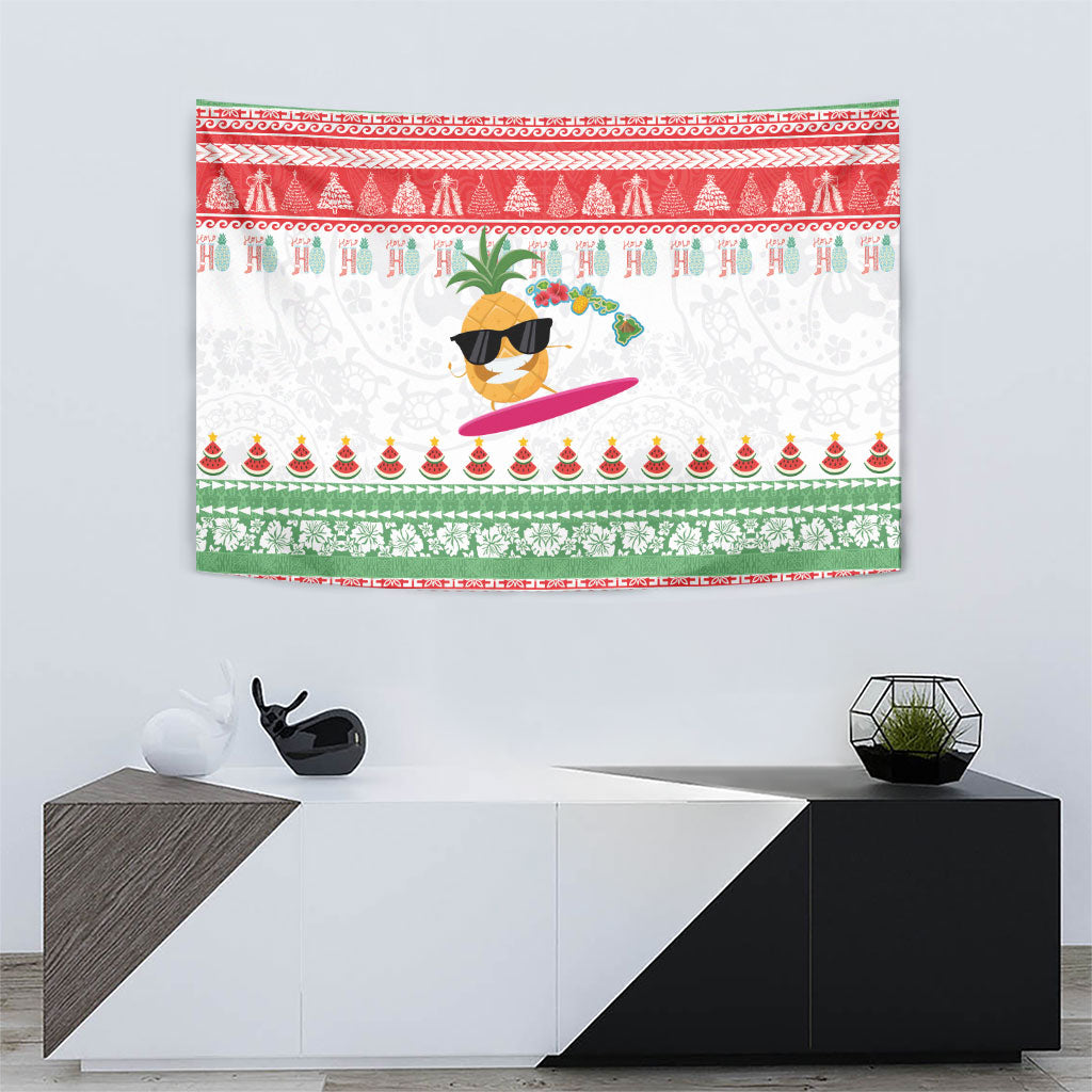 Hawaiian Mele Kalikimaka Tapestry Funny Pineapple Surfing with Map Christmas Stripe Elements