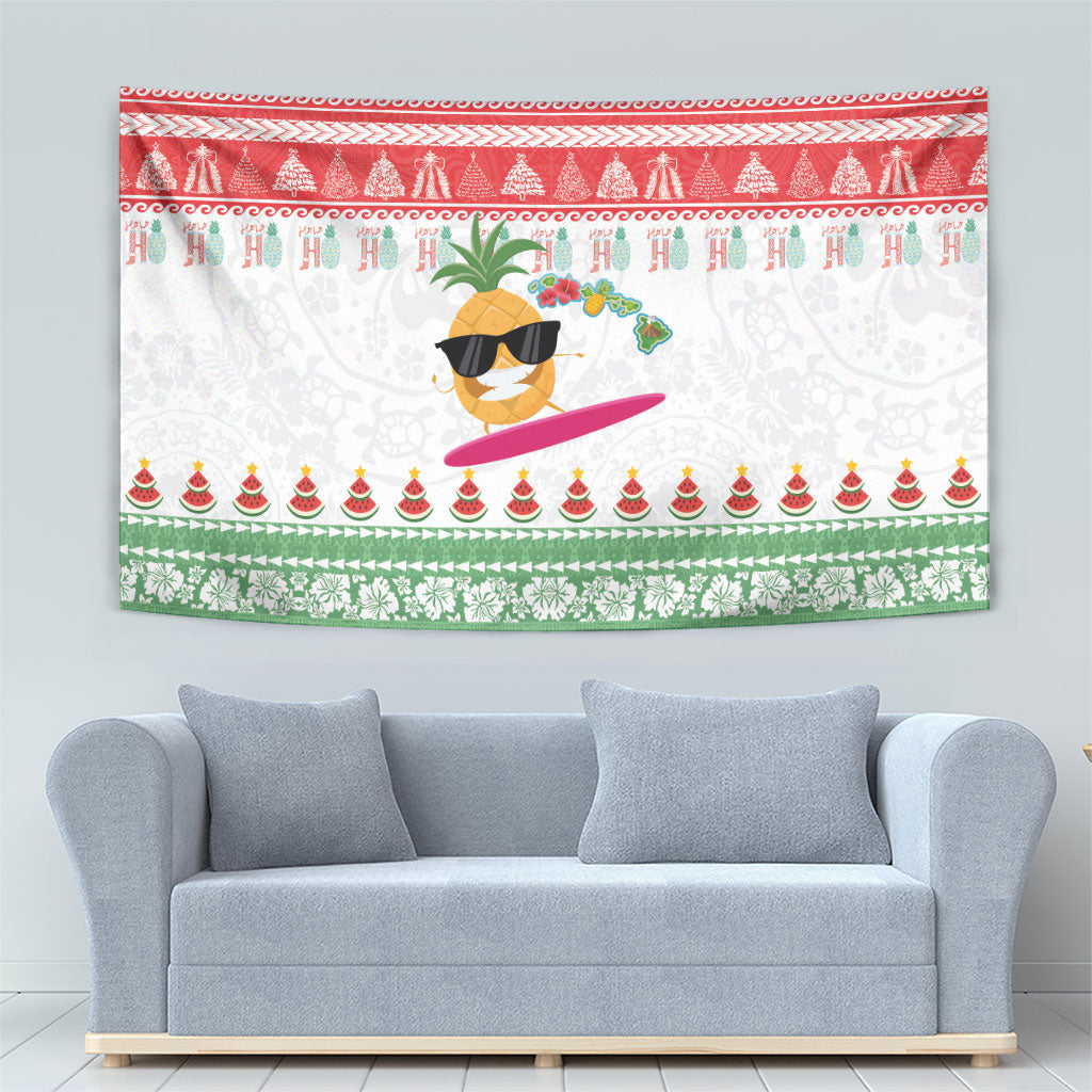 Hawaiian Mele Kalikimaka Tapestry Funny Pineapple Surfing with Map Christmas Stripe Elements
