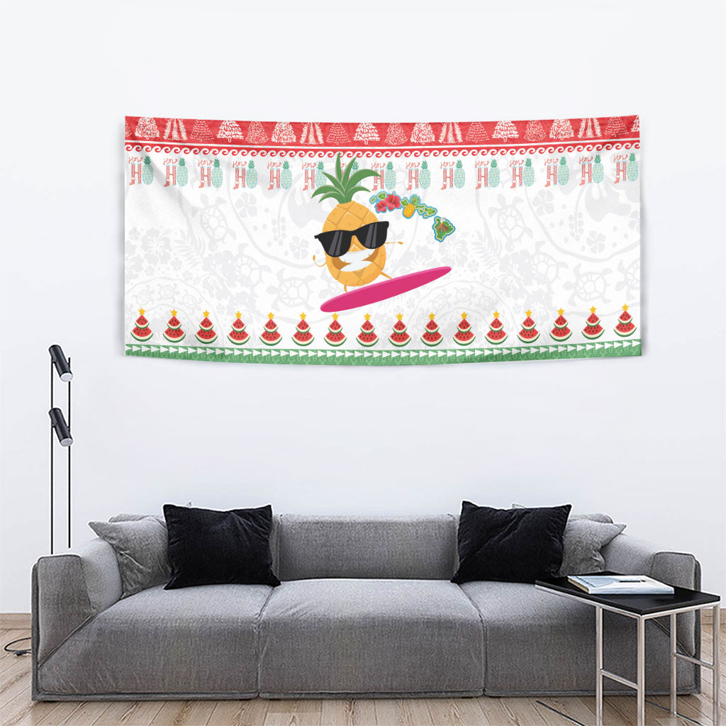 Hawaiian Mele Kalikimaka Tapestry Funny Pineapple Surfing with Map Christmas Stripe Elements