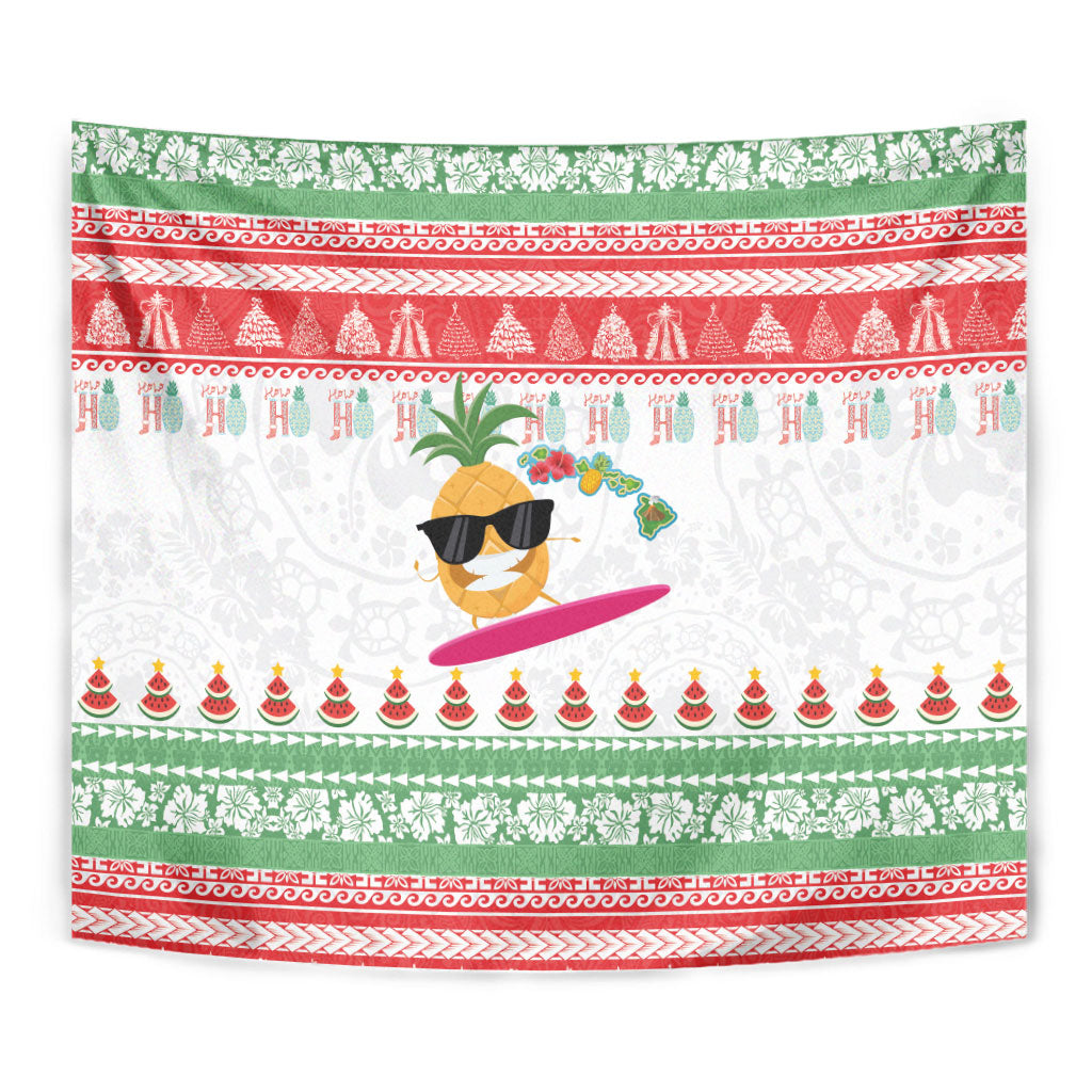 Hawaiian Mele Kalikimaka Tapestry Funny Pineapple Surfing with Map Christmas Stripe Elements