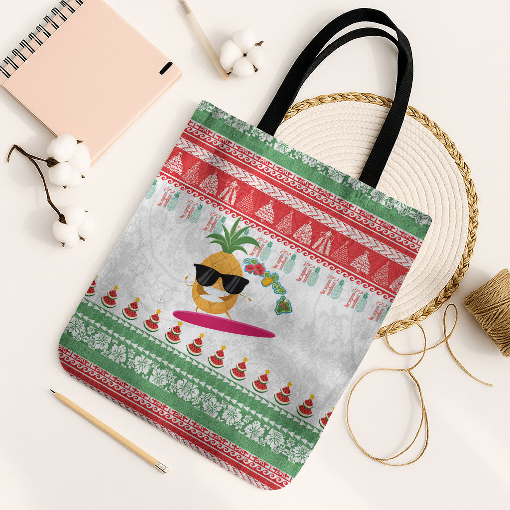 Hawaiian Mele Kalikimaka Tote Bag Funny Pineapple Surfing with Map Christmas Stripe Elements