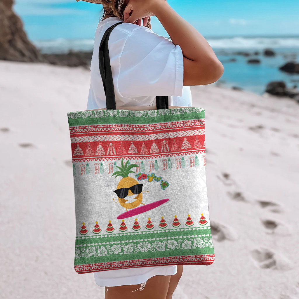 Hawaiian Mele Kalikimaka Tote Bag Funny Pineapple Surfing with Map Christmas Stripe Elements