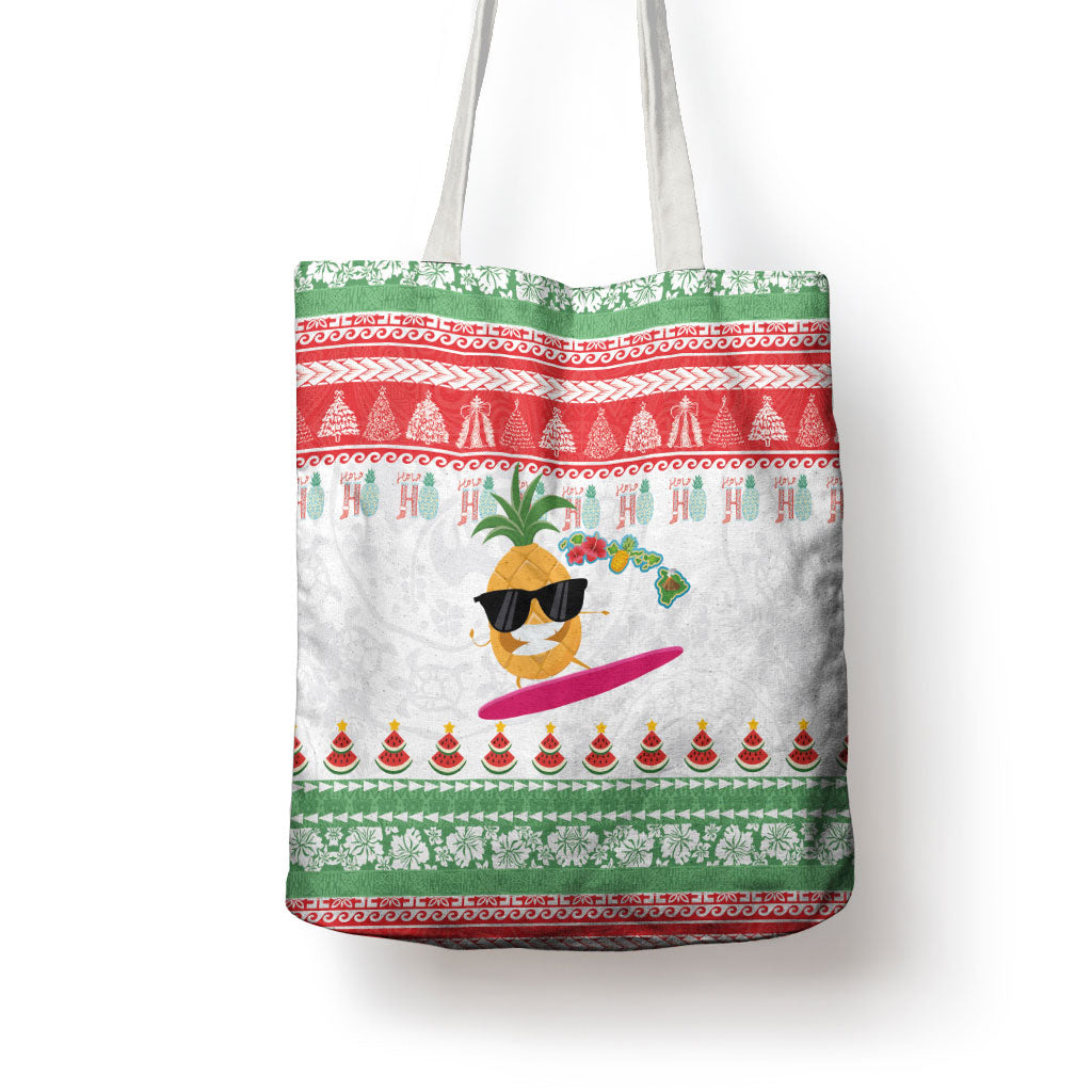 Hawaiian Mele Kalikimaka Tote Bag Funny Pineapple Surfing with Map Christmas Stripe Elements